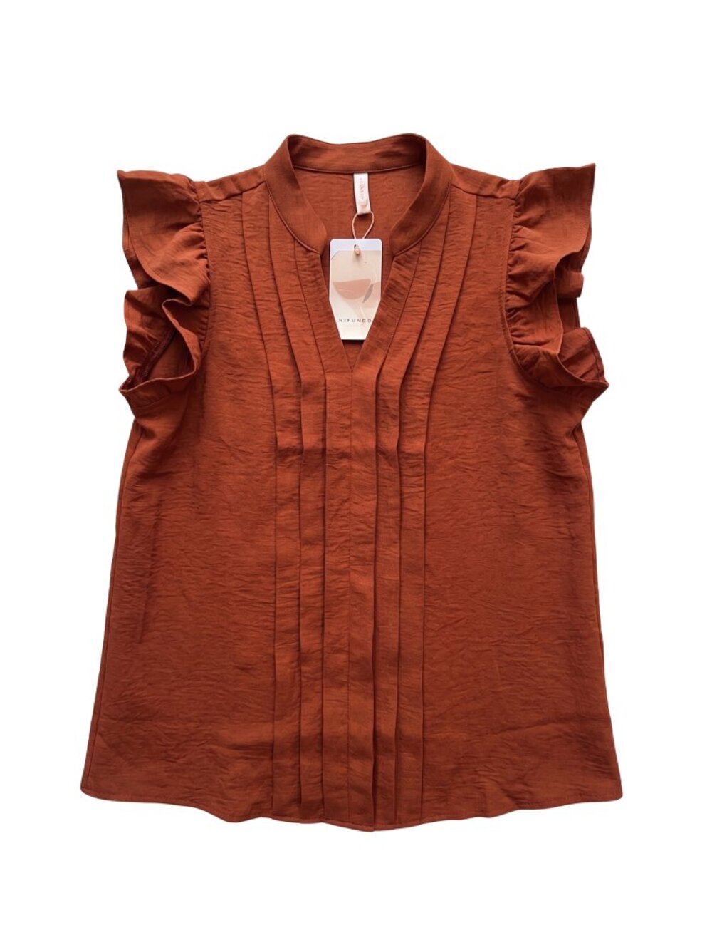 NWT | Kirundo Rust Brown Pleated V-Neck Blouse Ruffle Cap Sleeves Small